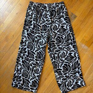 Nicole Miller Black/White Tropical Floral 100% Linen Wide Leg Pull-on Pants LRG